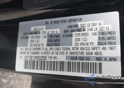 2021 Mazda Cx-9 Grand Touring from USA, damaged, VIN JM3TCBDY0M0522656